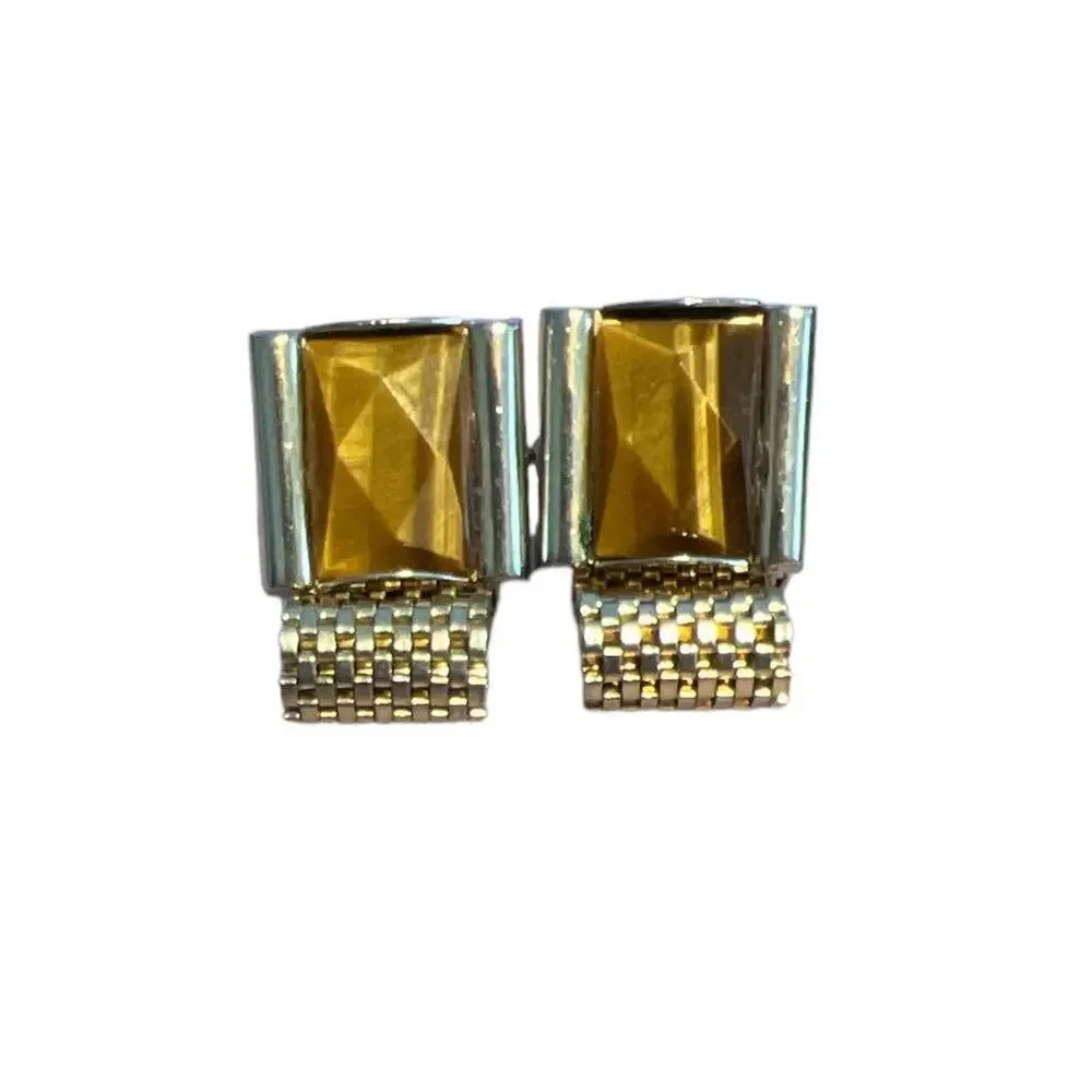 Vintage Tiger’s Eye Wrap Around Mesh Square Goldtone Cufflinks